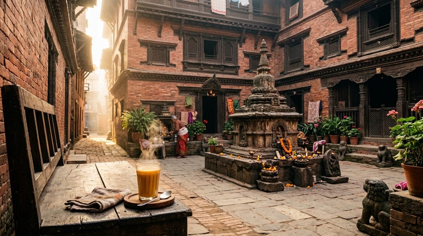 Morning sunlight entering the narrow brick alleys of Ason and Basantapur Durbar Square